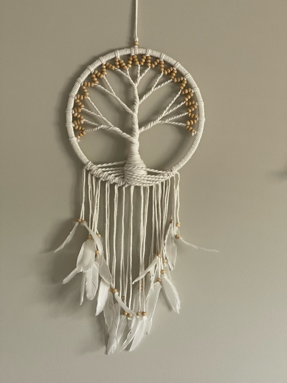 Handmade Tree of Life Dreamcatcher - White & Natural Wood Beads
